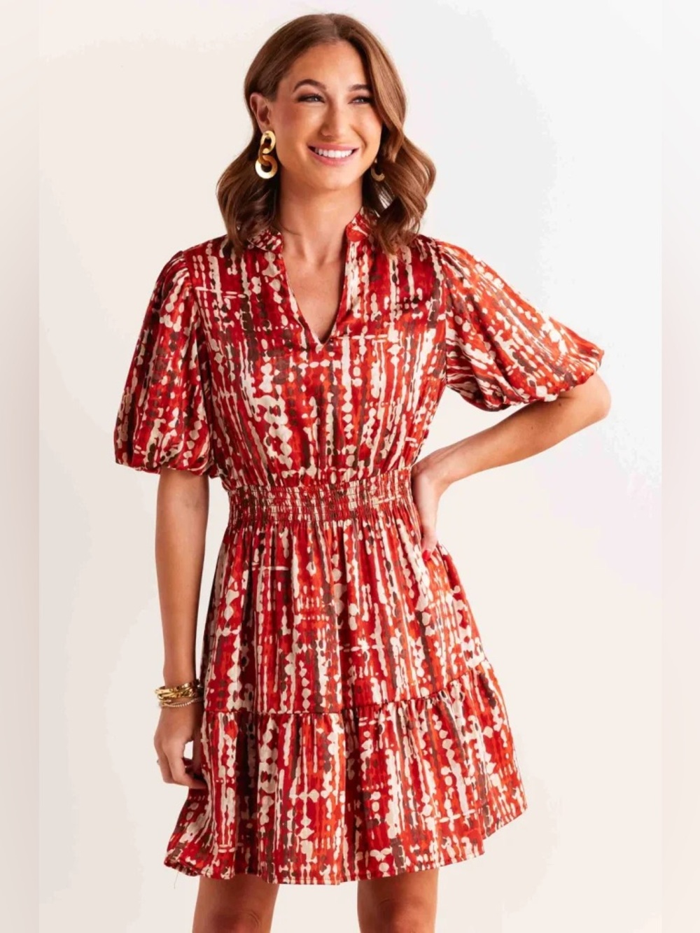 THML Short Puff Sleeve Tiered Mini Dress Satin Orange Brown Geometric Print